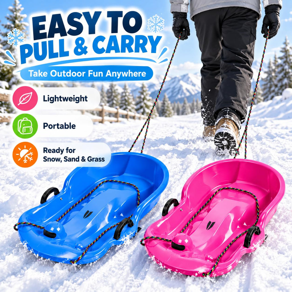 2 Pack 65cm Plastic Snow Sleds with Brake Handles and Pull Rope Q2201