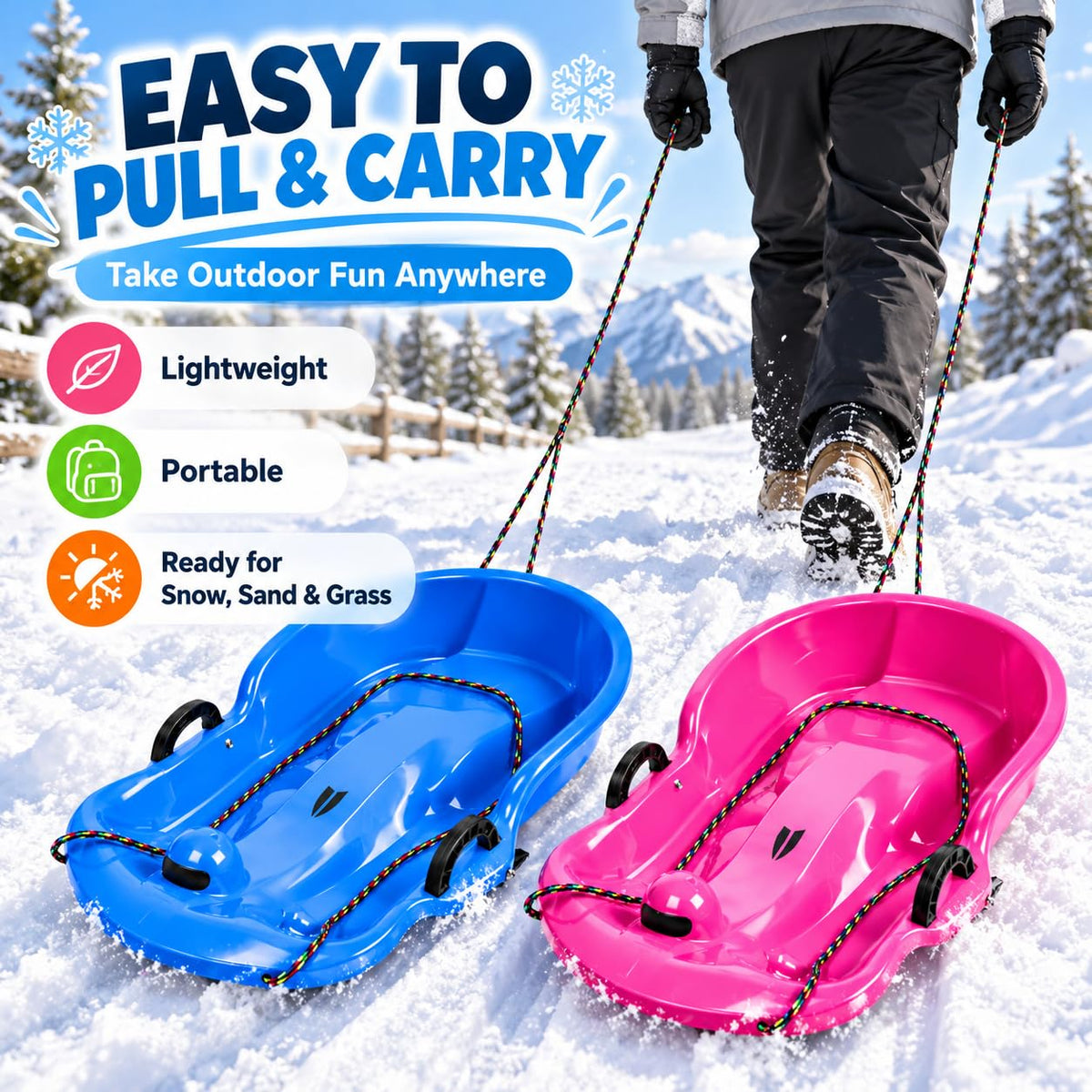 2 Pack 65cm Plastic Snow Sleds with Brake Handles and Pull Rope Q2201