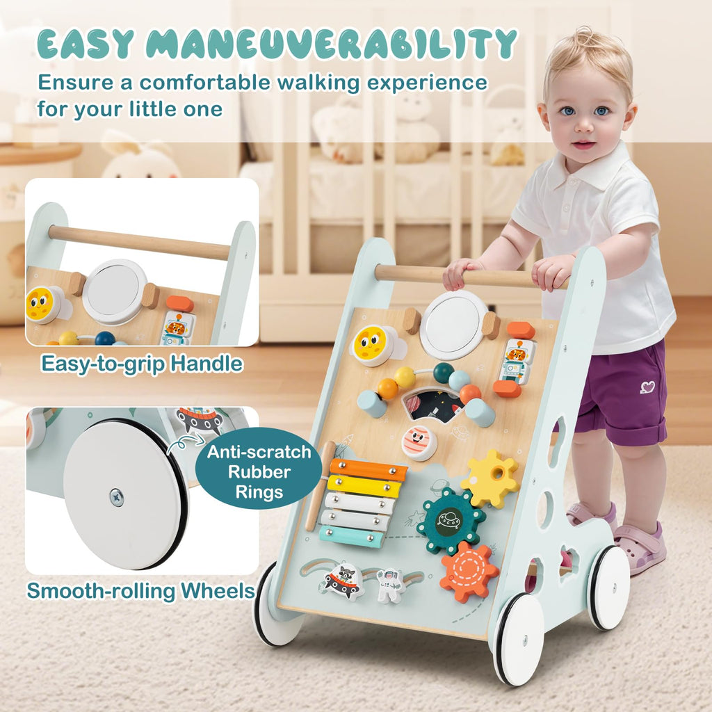 Wooden Baby Walker Push and Pull Learning Activity Center with Wheels Storage Green N61985