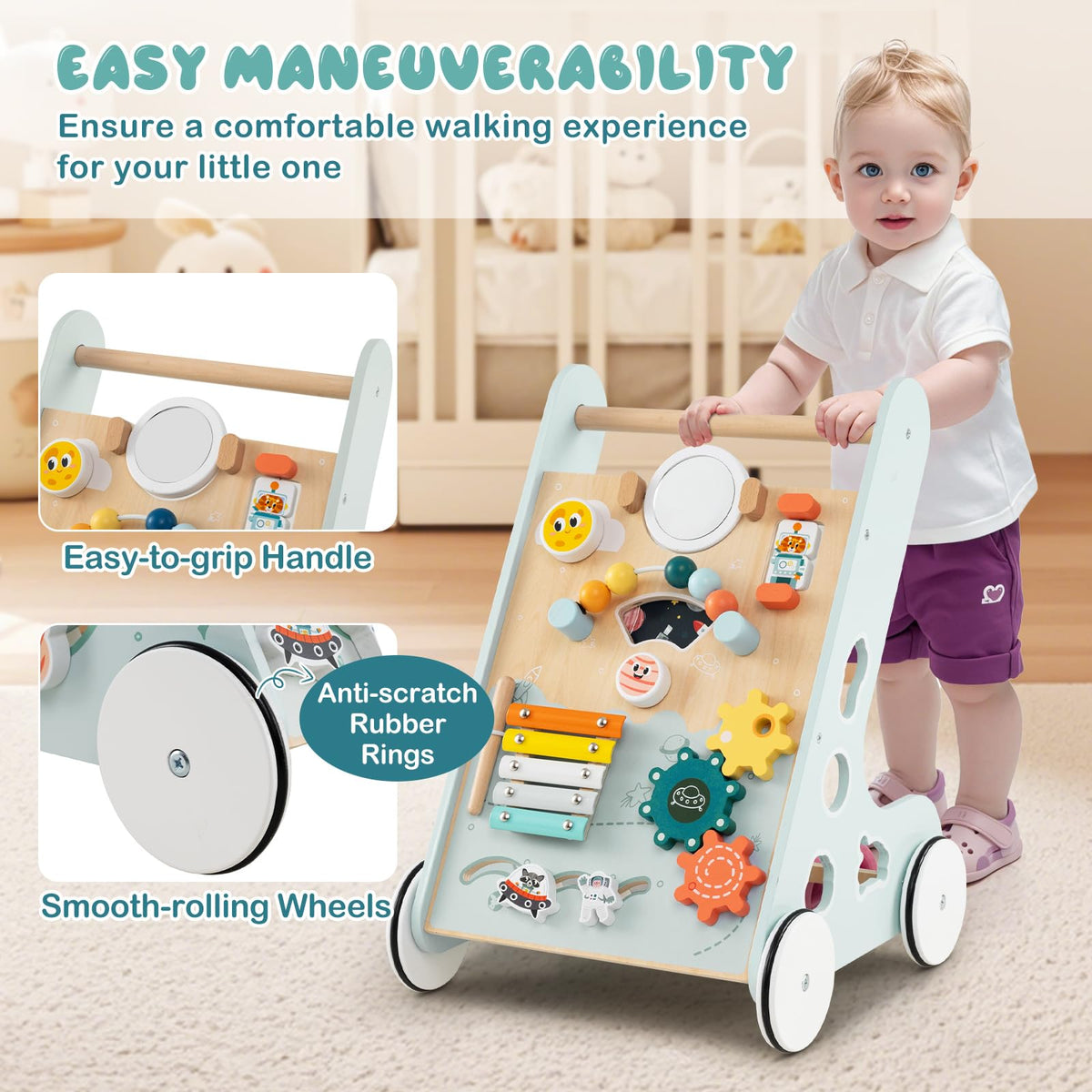 Wooden Baby Walker Push and Pull Learning Activity Center with Wheels Storage Green N61985