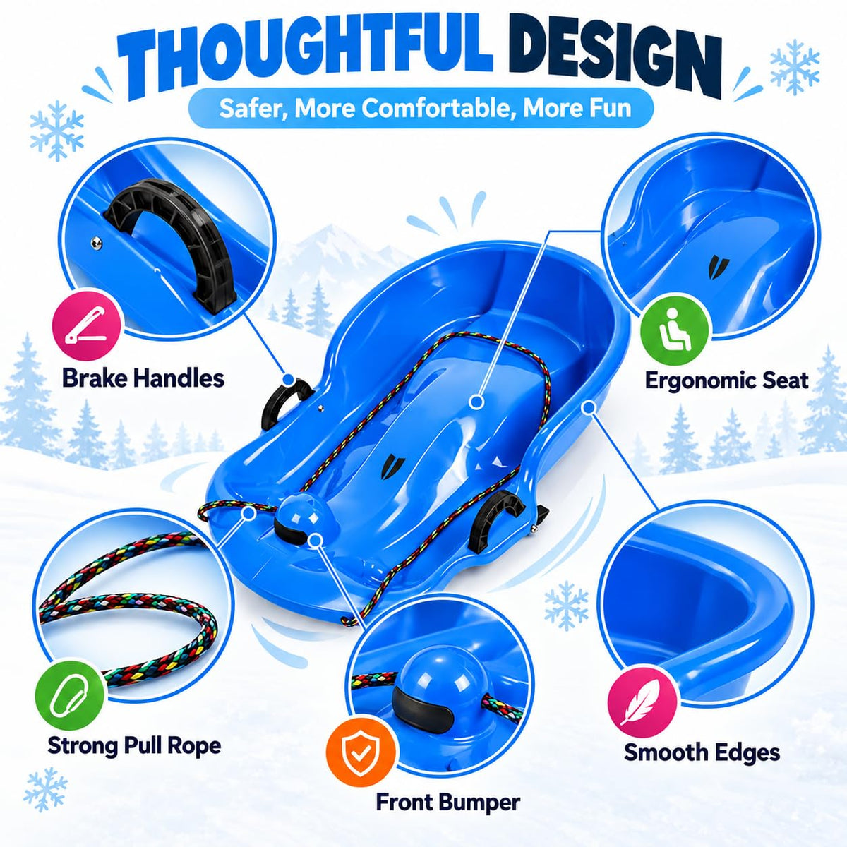 2 Pack 65cm Plastic Snow Sleds with Brake Handles and Pull Rope Q2201