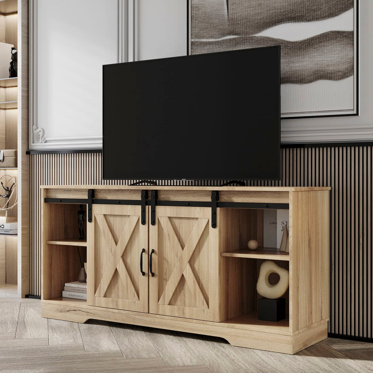 Farmhouse Wood TV Stand with Sliding Barn Door and Storage Cabinet G123510