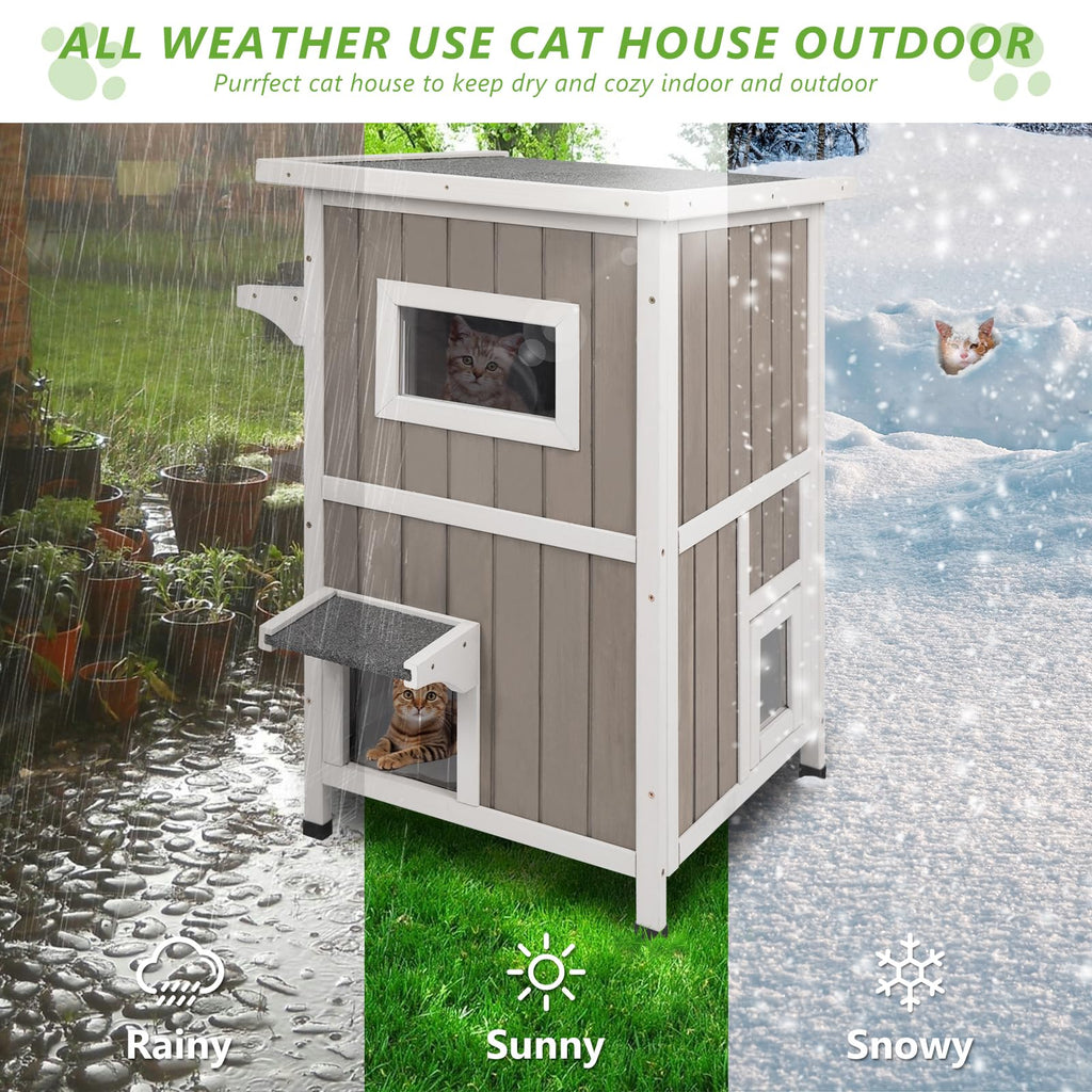 2 Story Weatherproof Wooden Outdoor Cat House Y715534