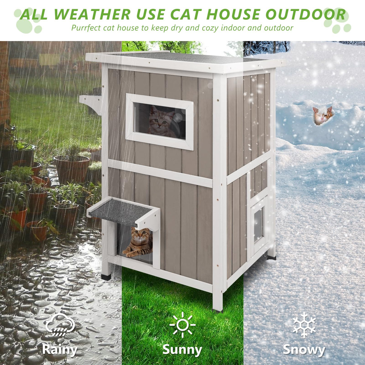2 Story Weatherproof Wooden Outdoor Cat House Y715534