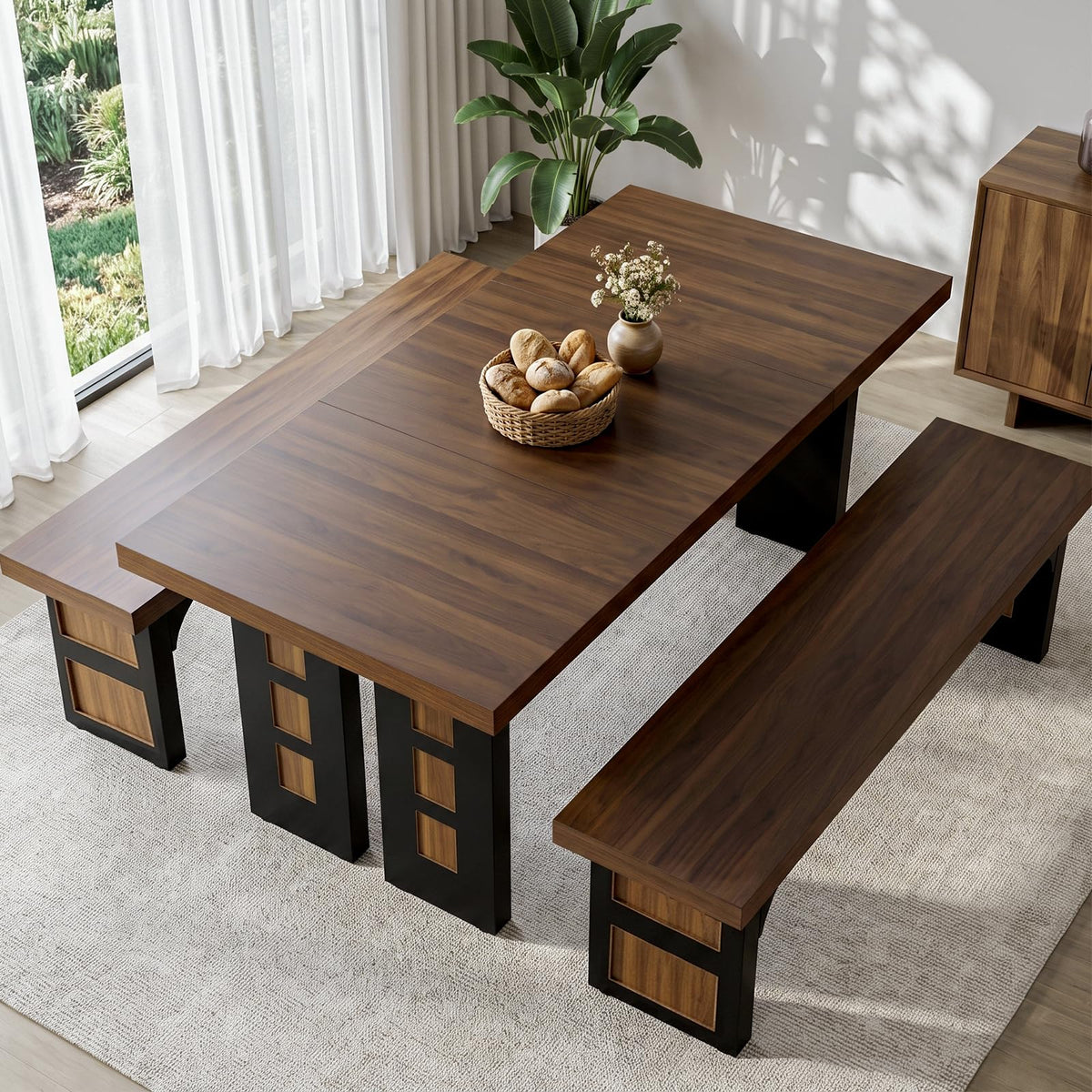 70.9" Wood Dining Table Set with 2 Benches K833