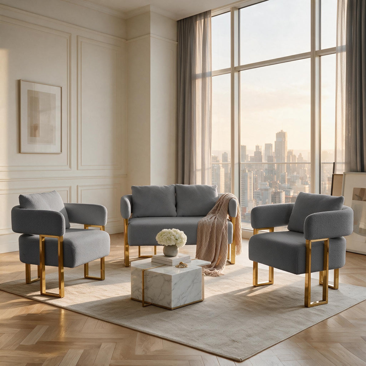 Gray Upholstered Loveseat Sofa and 2 Accent Chairs with Golden Legs M358