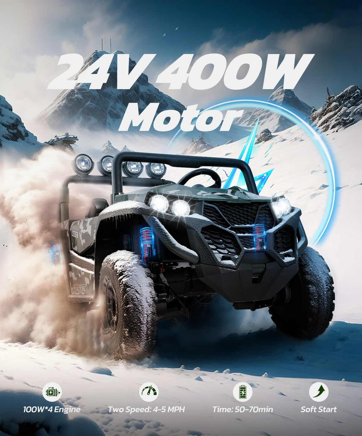 2 Seater 24V Battery Powered Ride on Car with Remote Control, Camouflage Green Q492784