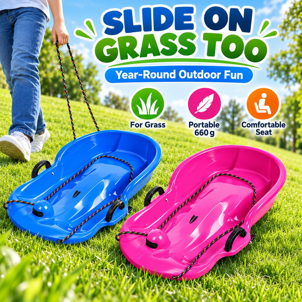 2 Pack 65cm Plastic Snow Sleds with Brake Handles and Pull Rope Q2201