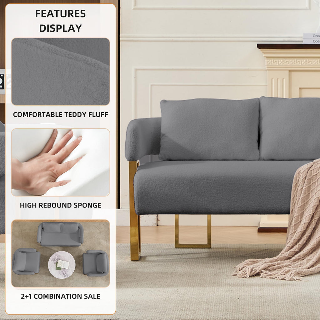 Gray Upholstered Loveseat Sofa and 2 Accent Chairs with Golden Legs M358