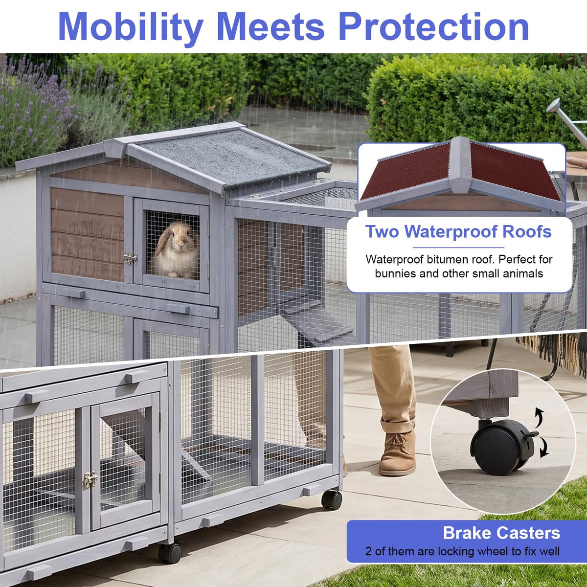 Wooden Rabbit Hutch with Casters and Tray O640113