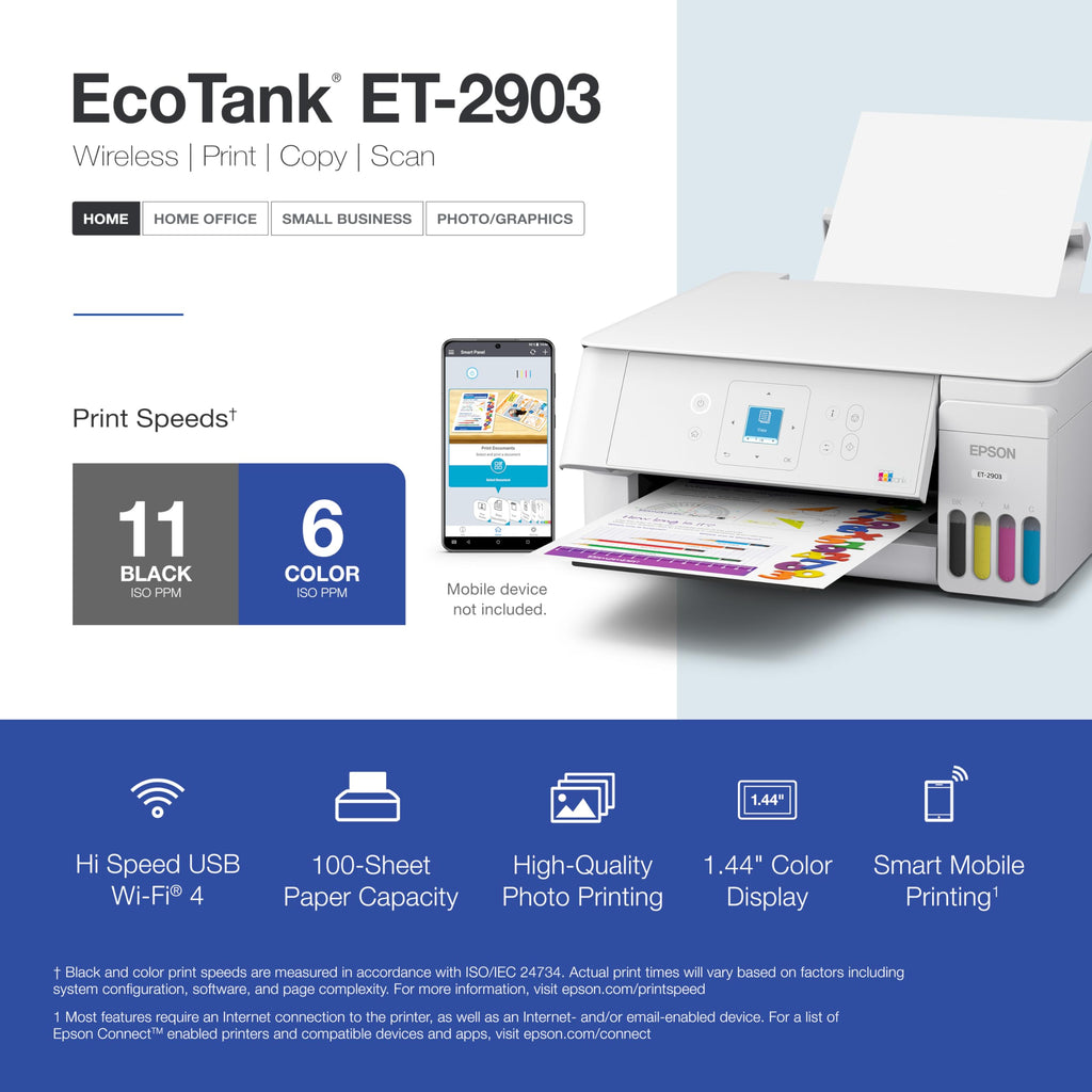 Wireless All-in-One Color Supertank Printer with Refillable Tanks, Scanner, White A1238