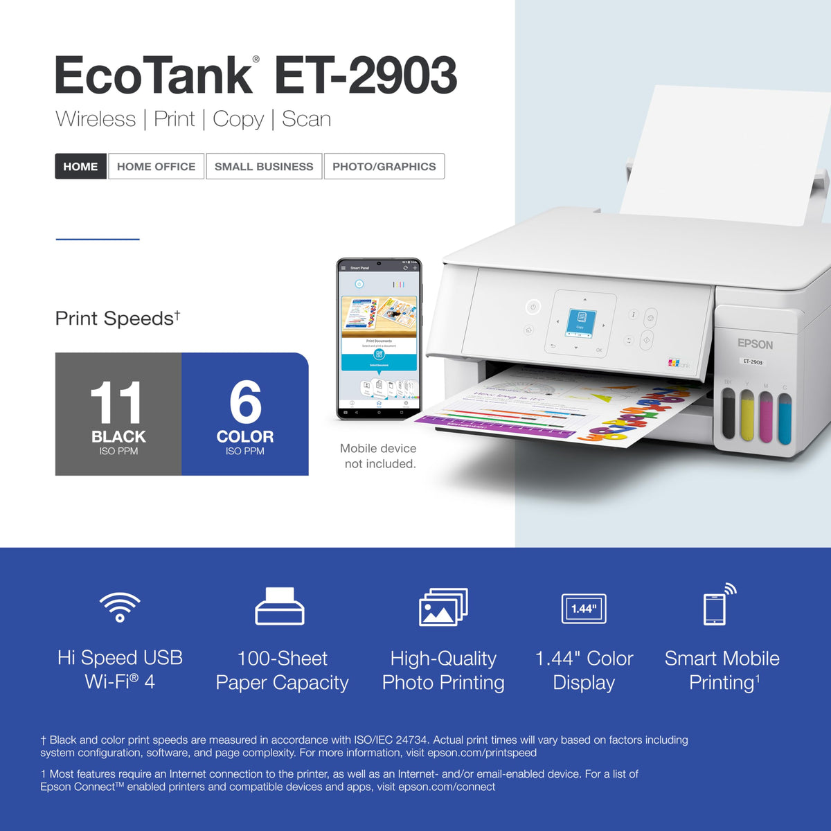 Wireless All-in-One Color Supertank Printer with Refillable Tanks, Scanner, White A1238