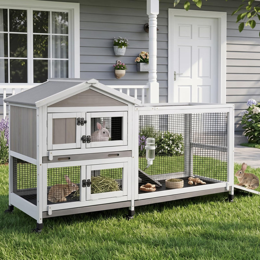 Large Rabbit Hutch with Run 2-Story Bunny Cage 6 Wheels U7433