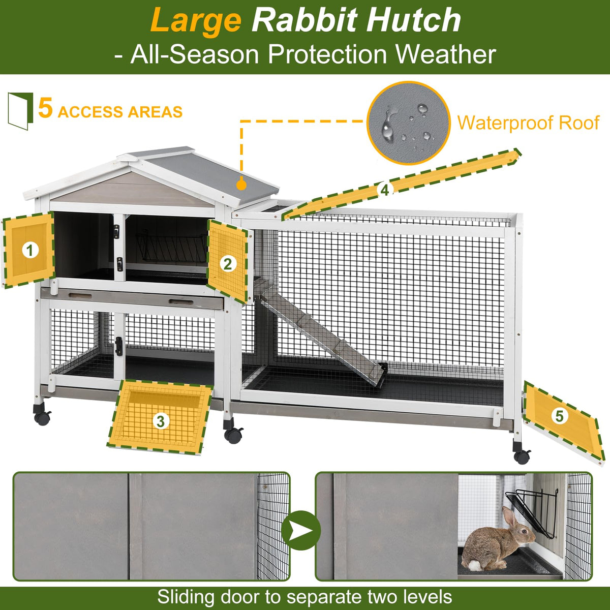 Large Rabbit Hutch with Run 2-Story Bunny Cage 6 Wheels U7433