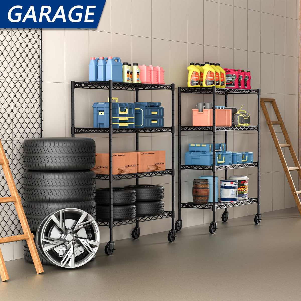 4-Shelf Adjustable Metal Storage Shelving Unit on Wheels, Black T9193