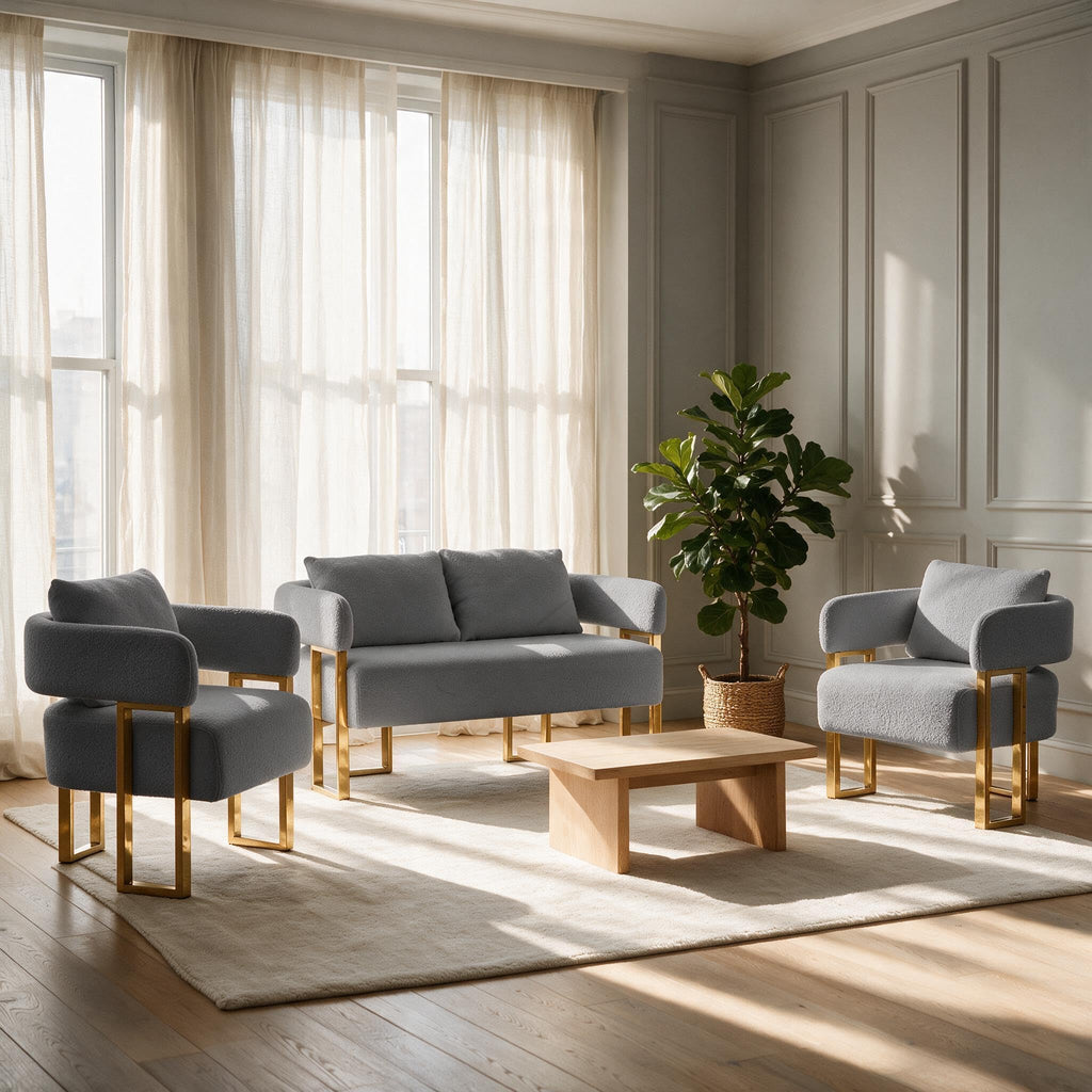 Gray Upholstered Loveseat Sofa and 2 Accent Chairs with Golden Legs M358