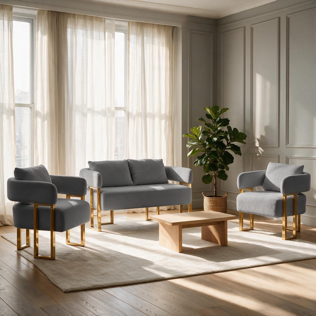 Gray Upholstered Loveseat Sofa and 2 Accent Chairs with Golden Legs M358