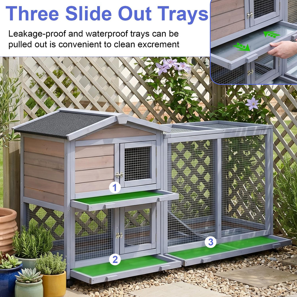 Wooden Rabbit Hutch with Casters and Tray O640113