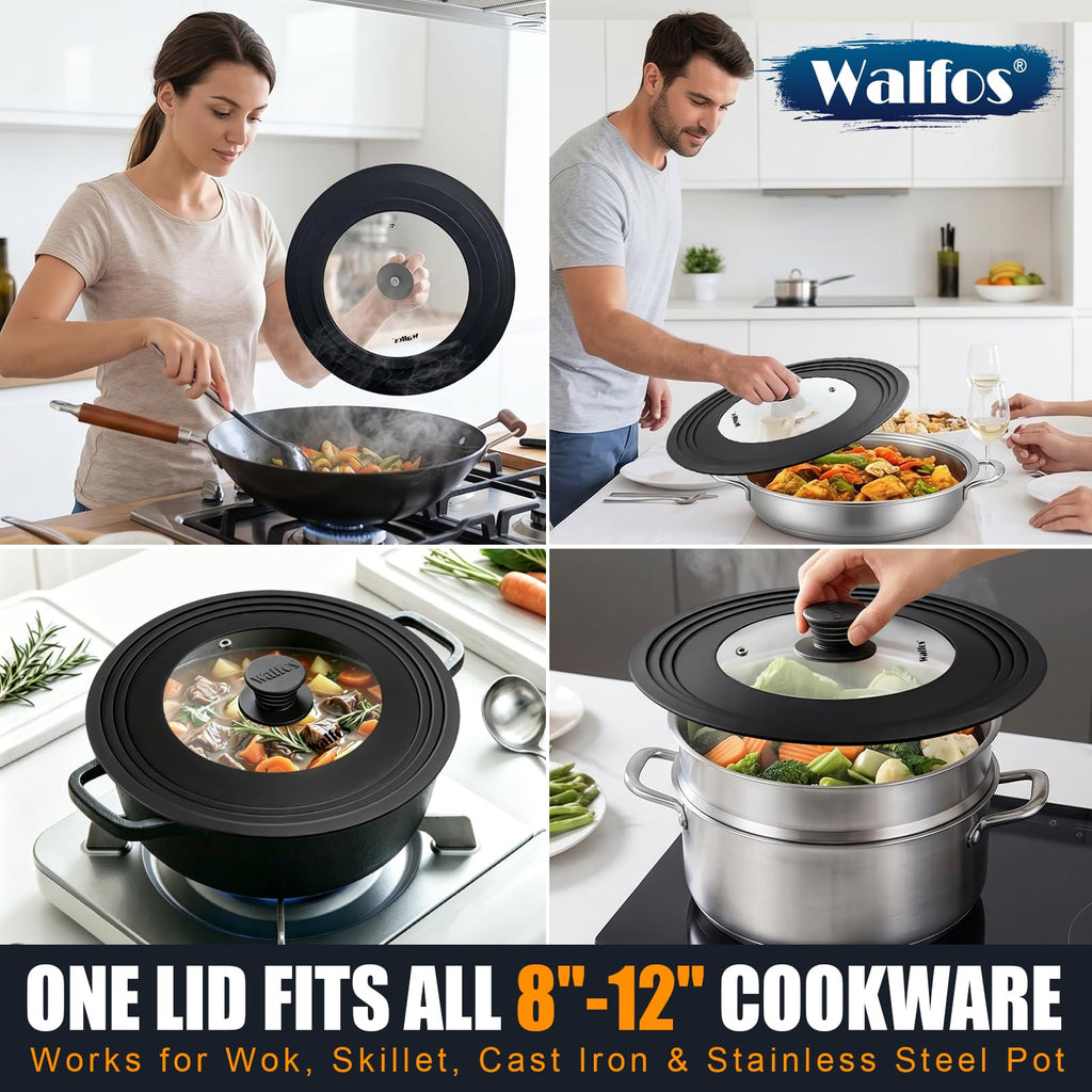 Universal Pan Lid with Heat Resistant Silicone Rim and Tempered Glass, Fits 8" to 12" Cookware T6705