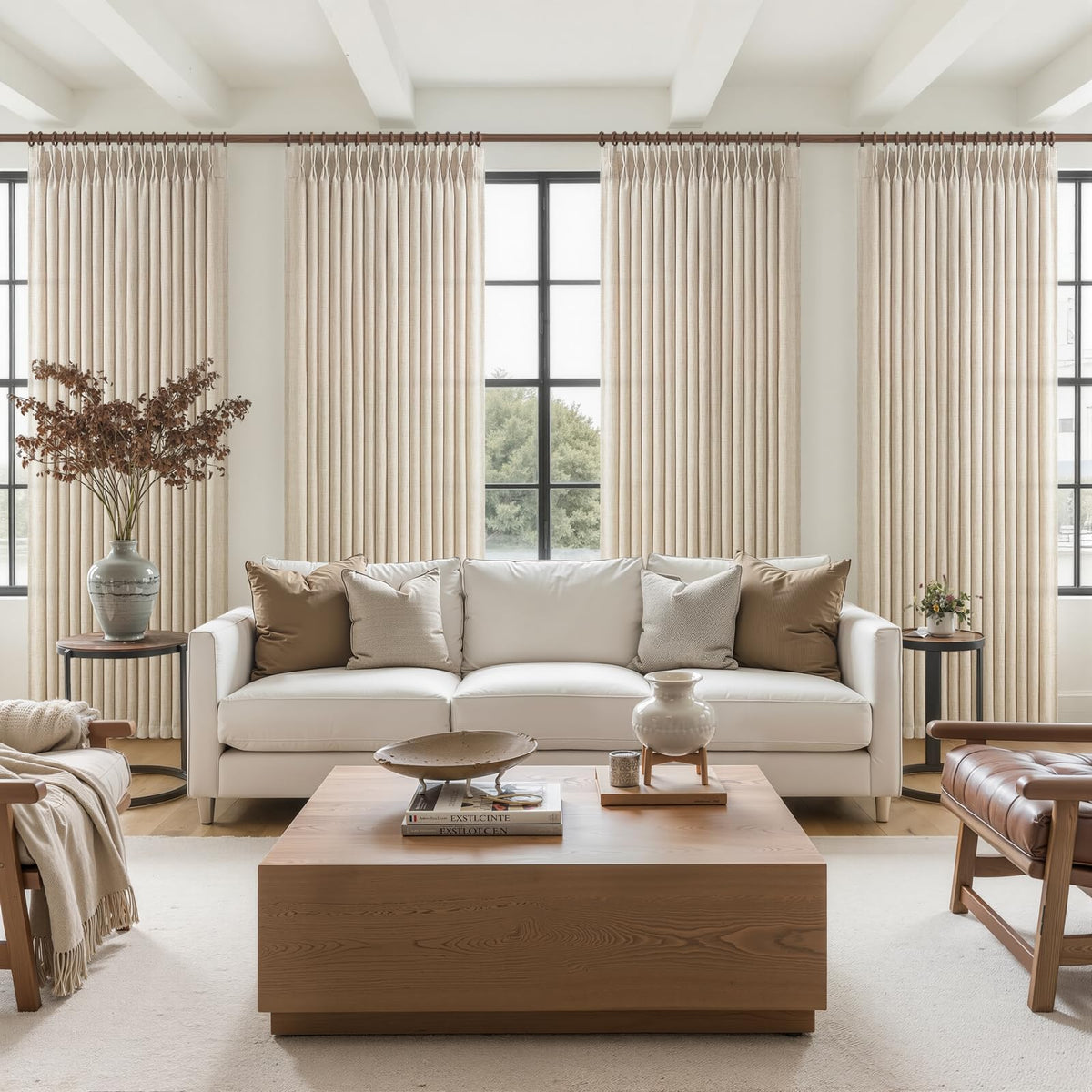 Natural Linen Pleated Curtains 86 Inches Long 50 Inch Wide 2 Panels Set S9415