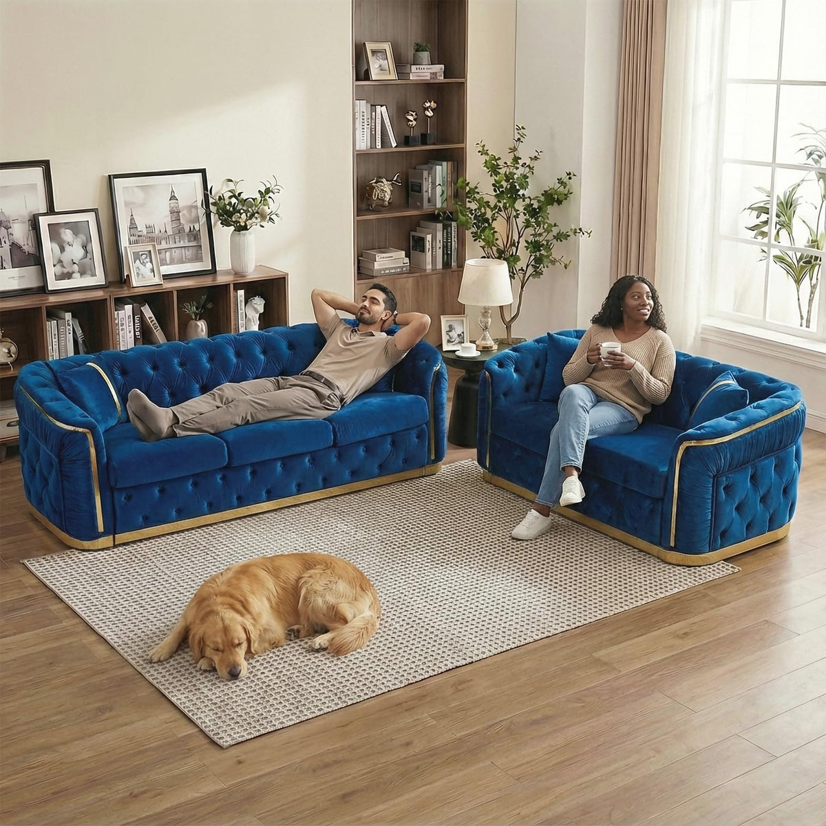Navy Blue and Gold Velvet Sofa and Loveseat Set with 4 Pillows I830