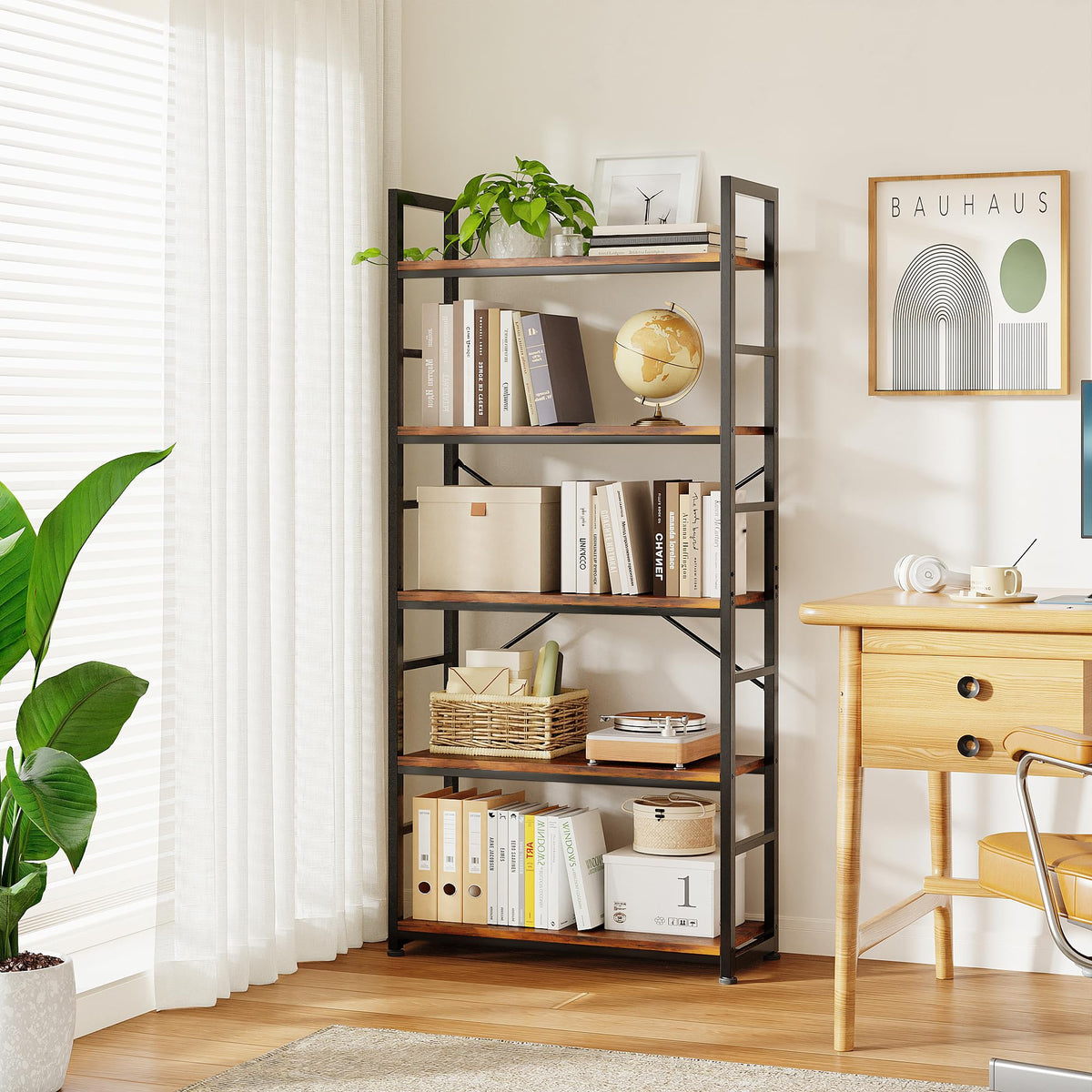 32 Inch 5-Tier Wood Metal Bookshelf R4361