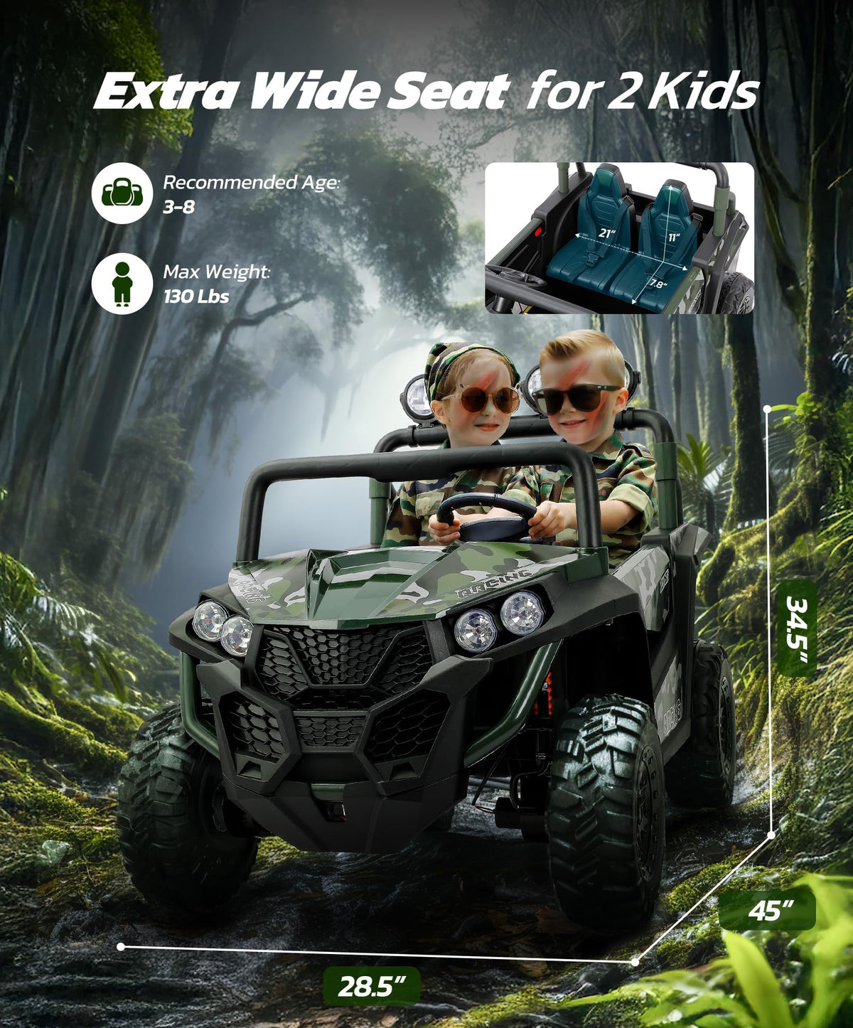 2 Seater 24V Battery Powered Ride on Car with Remote Control, Camouflage Green Q492784
