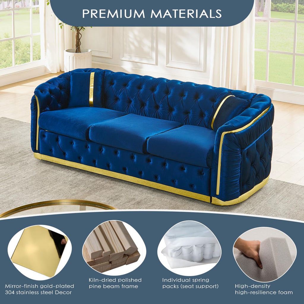 Navy Blue and Gold Velvet Sofa and Loveseat Set with 4 Pillows I830