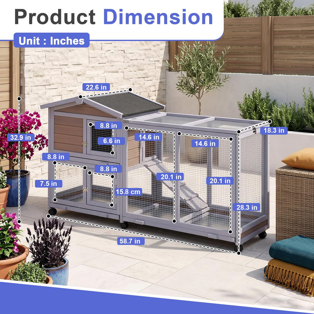 Wooden Rabbit Hutch with Casters and Tray O640113