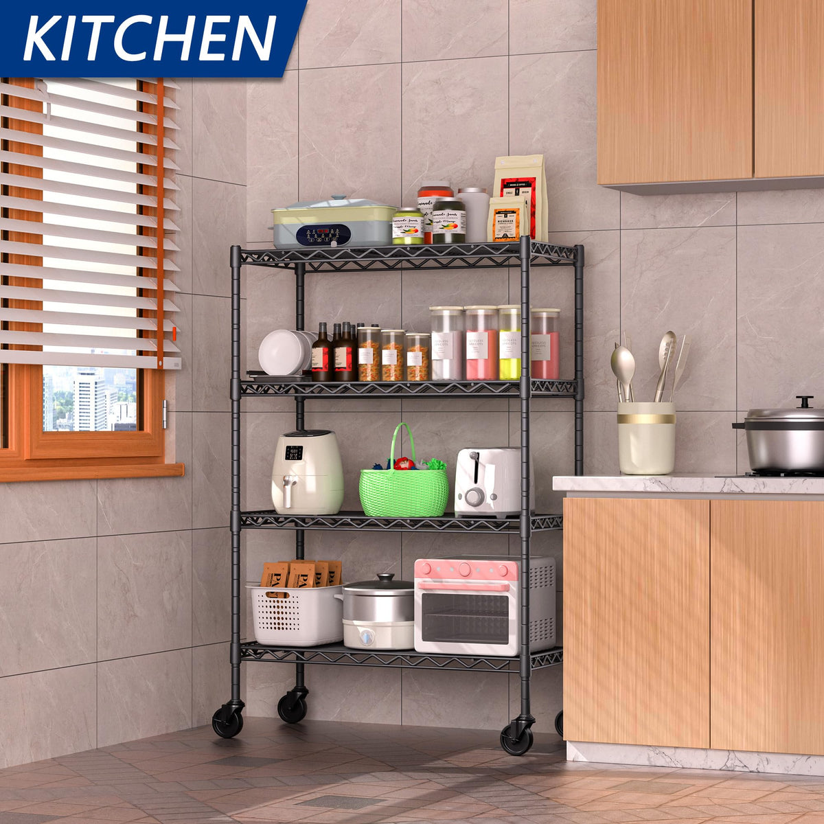 4-Shelf Adjustable Metal Storage Shelving Unit on Wheels, Black T9193