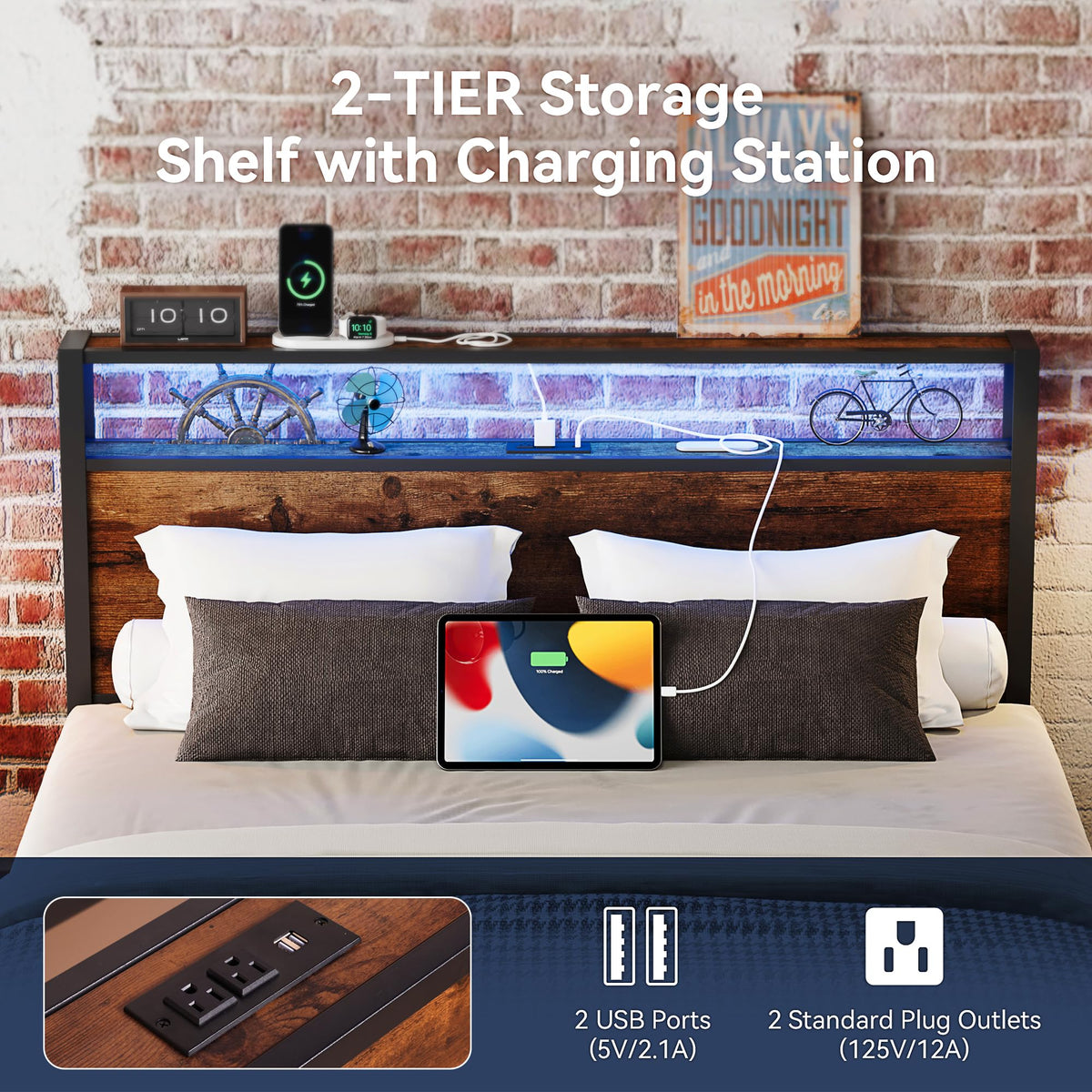 Queen Size Metal Bed Frame with Storage Headboard and Charging Station H23939