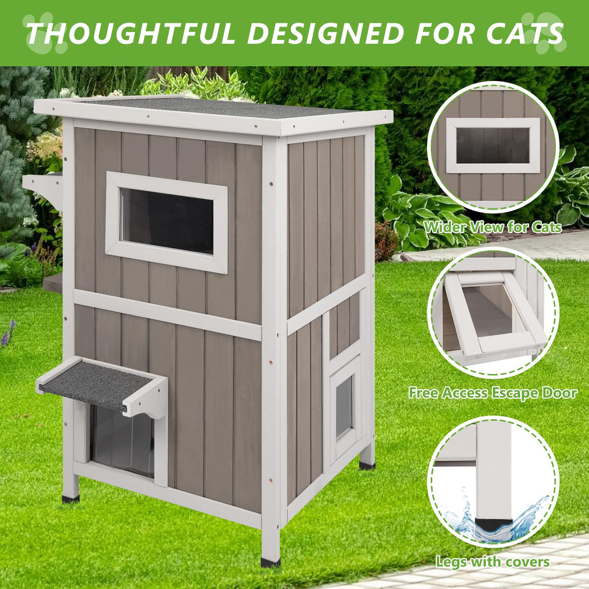 2 Story Weatherproof Wooden Outdoor Cat House Y715534