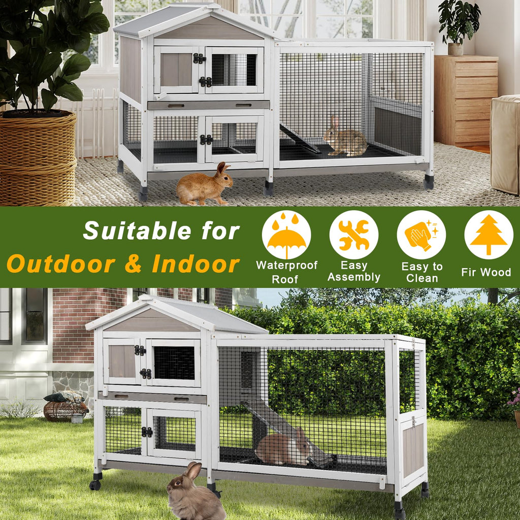 Large Rabbit Hutch with Run 2-Story Bunny Cage 6 Wheels U7433