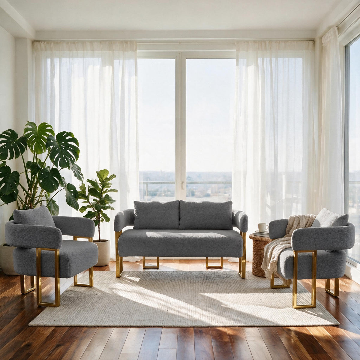 Gray Upholstered Loveseat Sofa and 2 Accent Chairs with Golden Legs M358