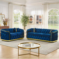 Navy Blue and Gold Velvet Sofa and Loveseat Set with 4 Pillows I830