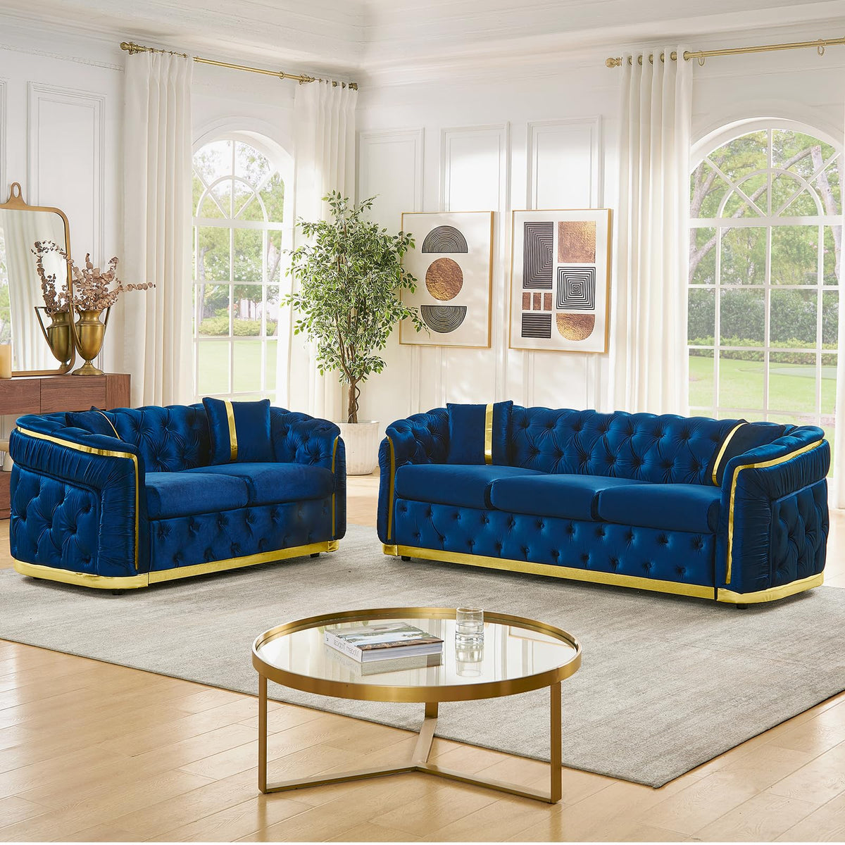Navy Blue and Gold Velvet Sofa and Loveseat Set with 4 Pillows I830