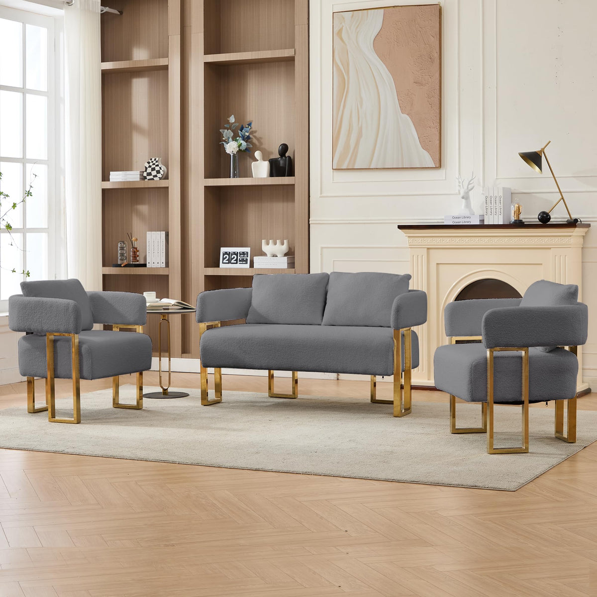 Gray Upholstered Loveseat Sofa and 2 Accent Chairs with Golden Legs M358