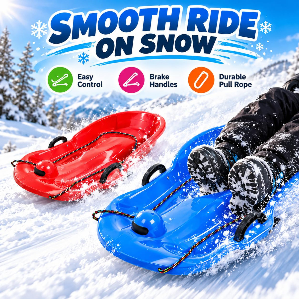 2 Pack 65cm Plastic Snow Sleds with Brake Handles and Pull Rope Q2201