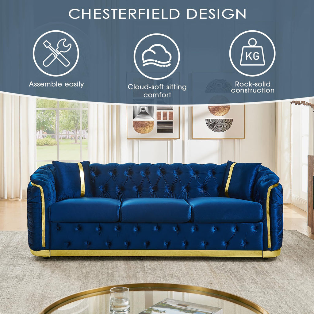 Navy Blue and Gold Velvet Sofa and Loveseat Set with 4 Pillows I830