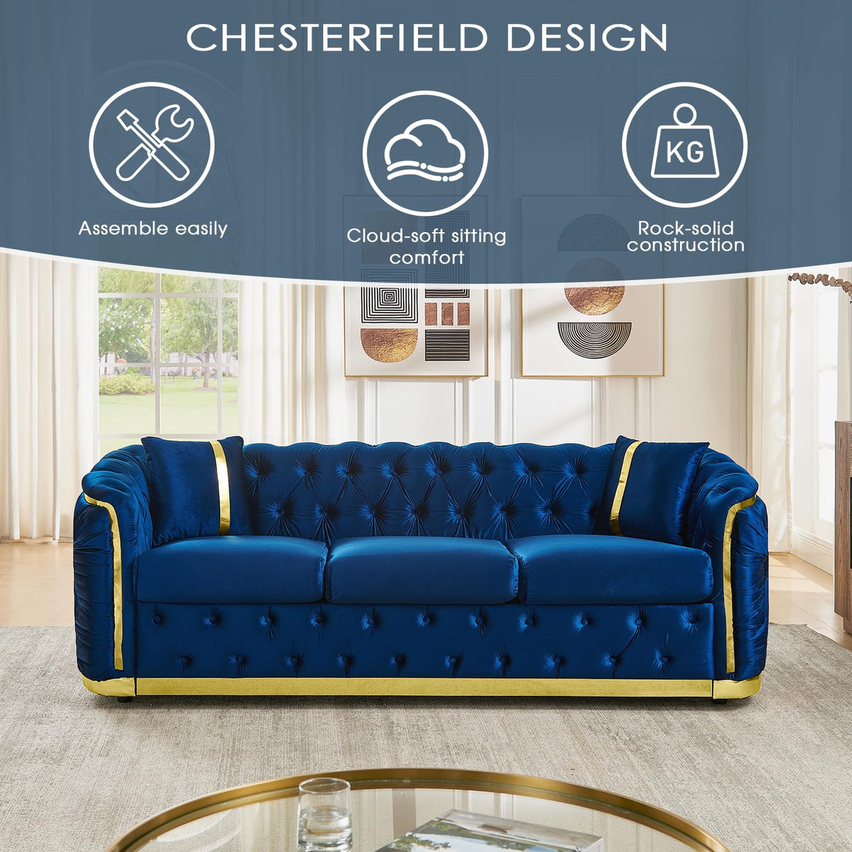 Navy Blue and Gold Velvet Sofa and Loveseat Set with 4 Pillows I830