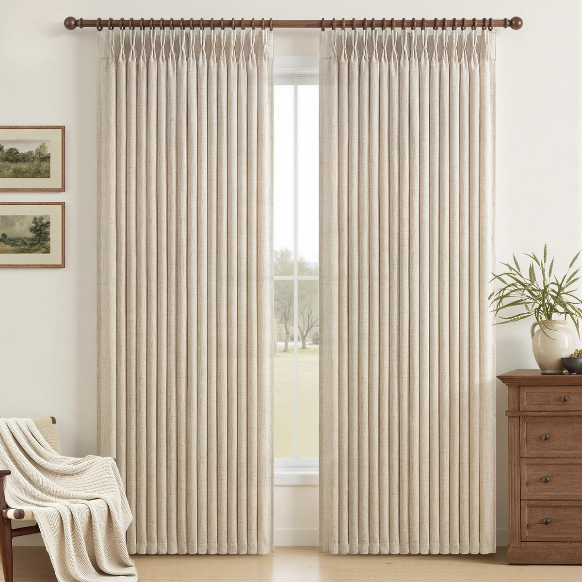 Natural Linen Pleated Curtains 86 Inches Long 50 Inch Wide 2 Panels Set S9415