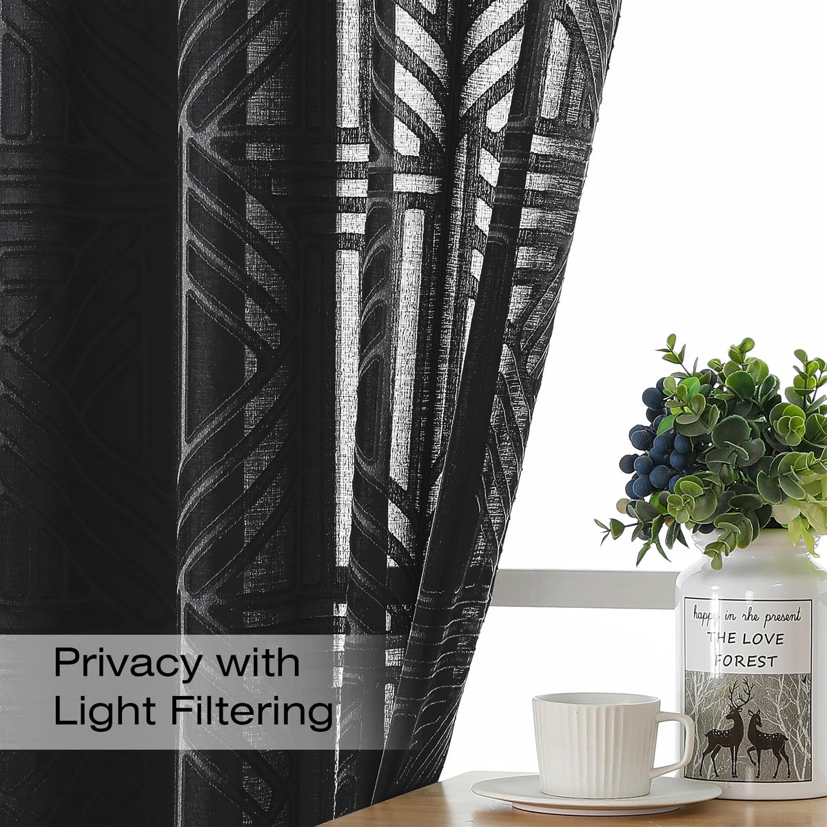 Black 72 Inch 2 Panels Geometric Jacquard Semi Sheer Curtains H835
