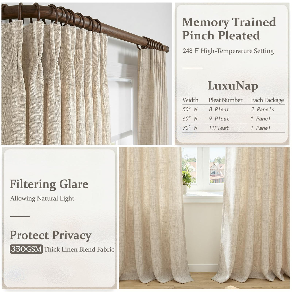 Natural Linen Pleated Curtains 86 Inches Long 50 Inch Wide 2 Panels Set S9415