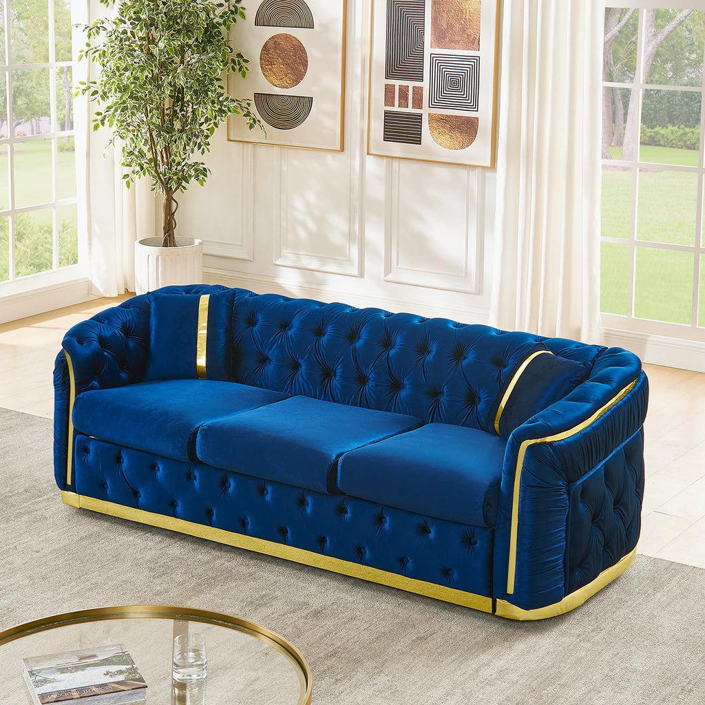 Navy Blue and Gold Velvet Sofa and Loveseat Set with 4 Pillows I830
