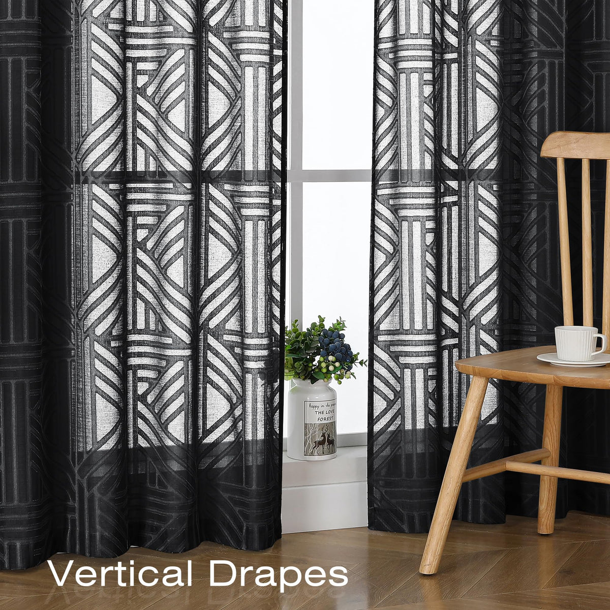 Black 72 Inch 2 Panels Geometric Jacquard Semi Sheer Curtains H835
