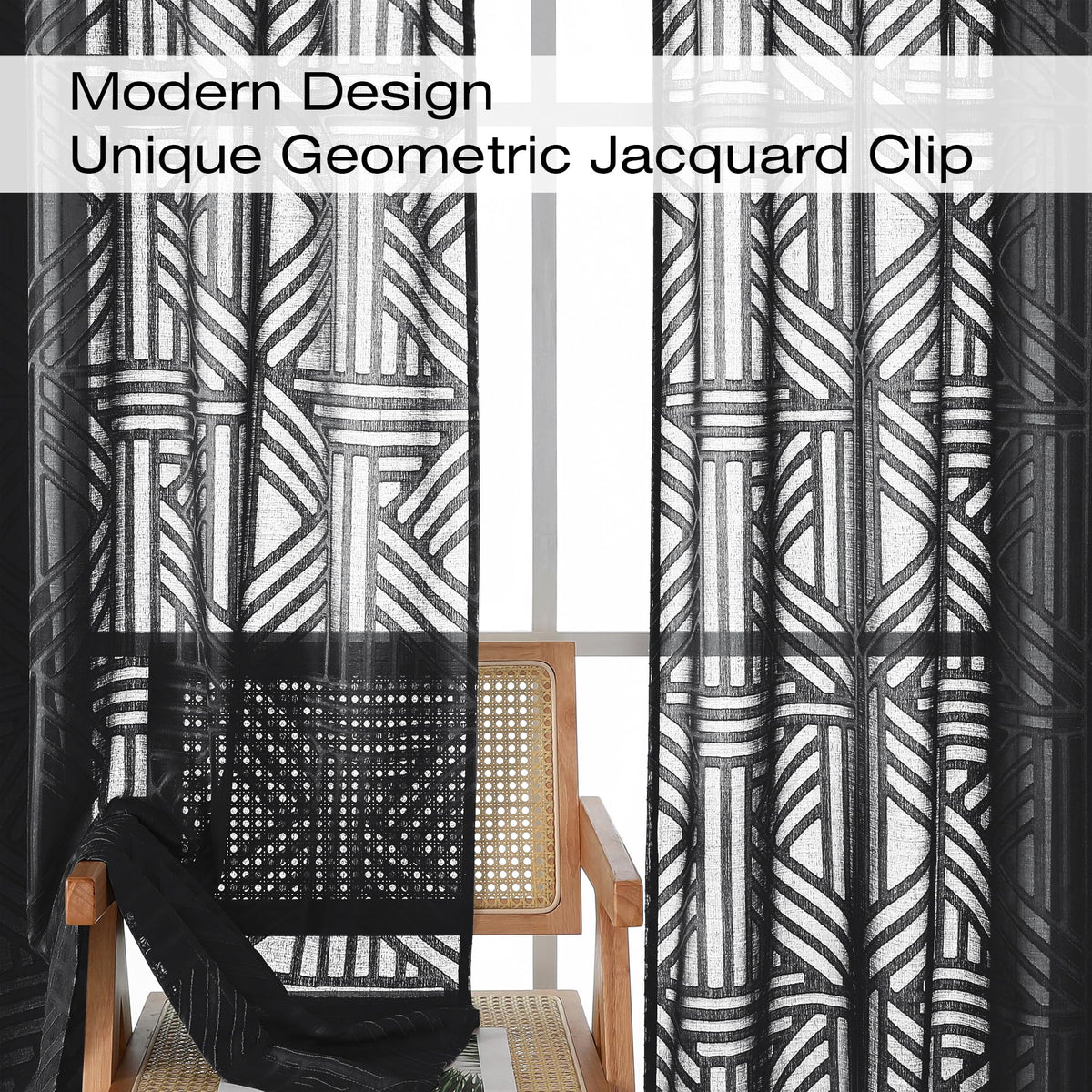 Black 72 Inch 2 Panels Geometric Jacquard Semi Sheer Curtains H835
