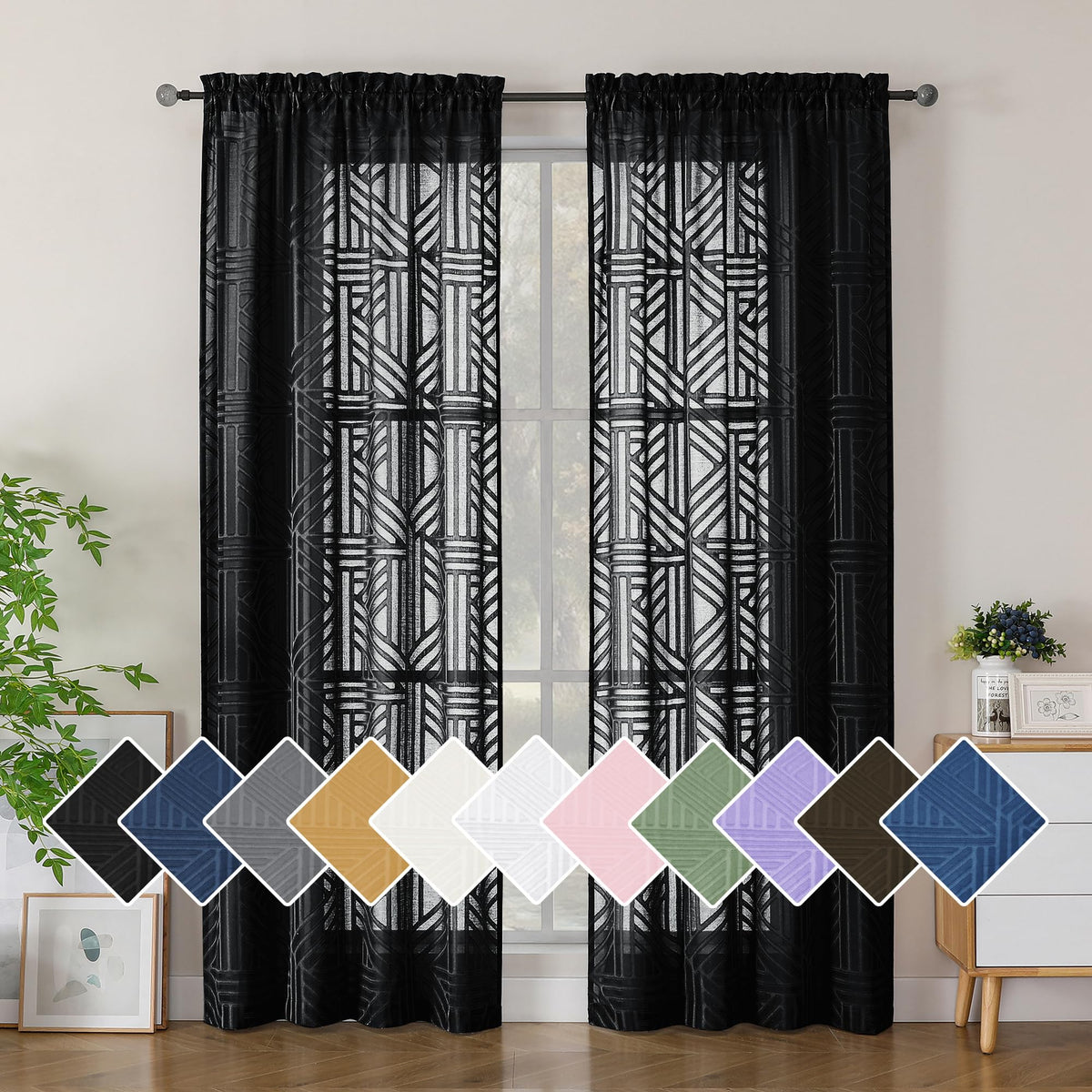 Black 72 Inch 2 Panels Geometric Jacquard Semi Sheer Curtains H835