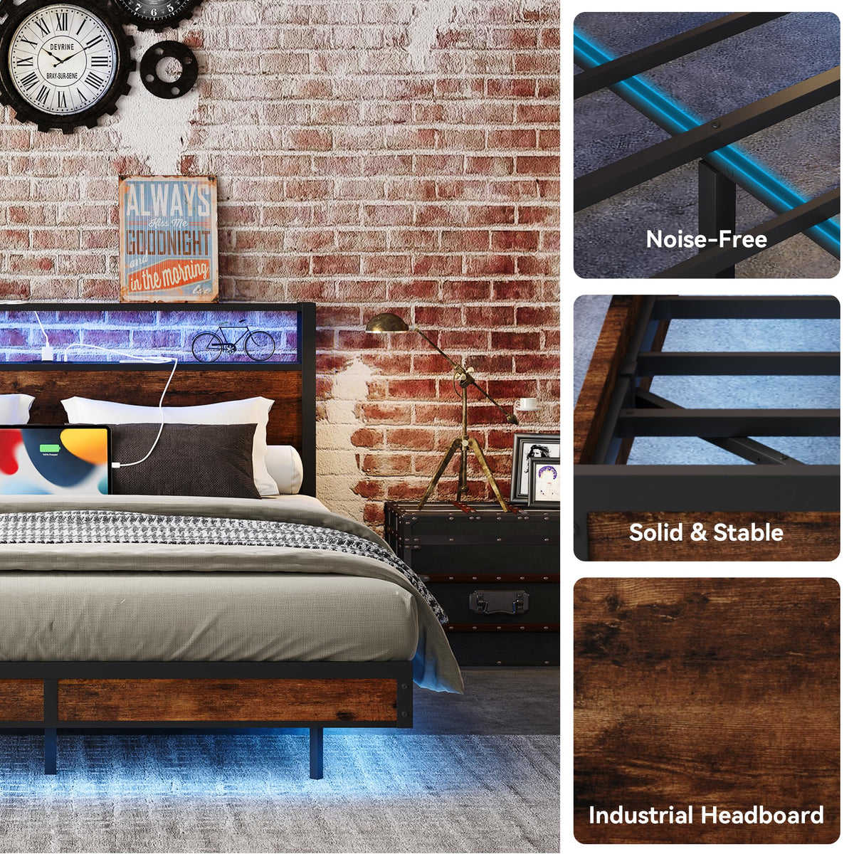 Queen Size Metal Bed Frame with Storage Headboard and Charging Station H23939