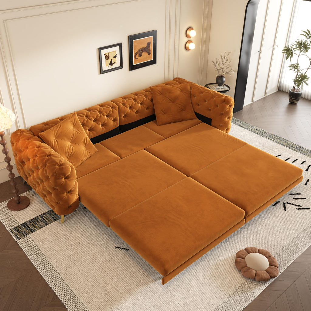 Orange Velvet Convertible Sleeper Sofa with Ottoman F102