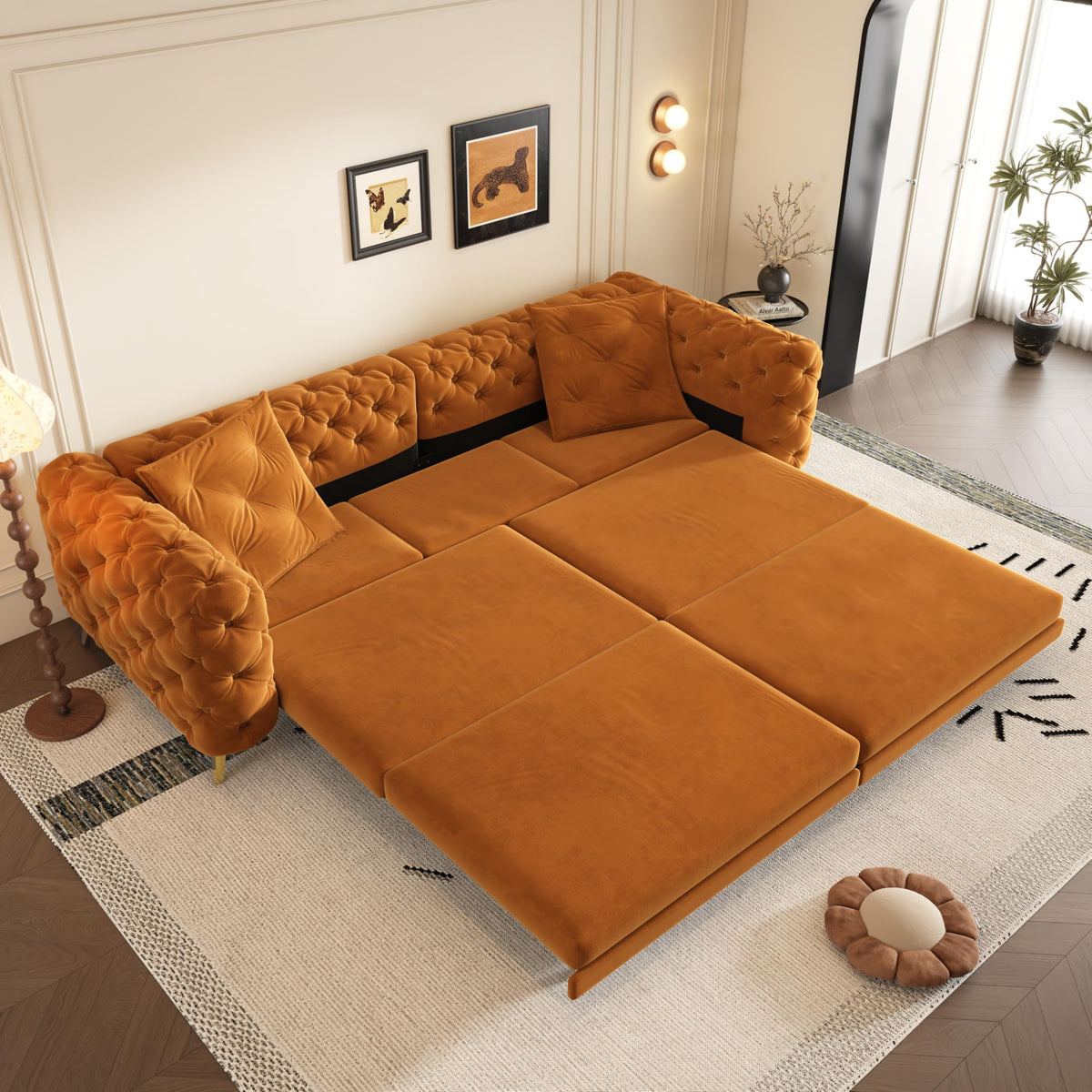 Orange Velvet Convertible Sleeper Sofa with Ottoman F102